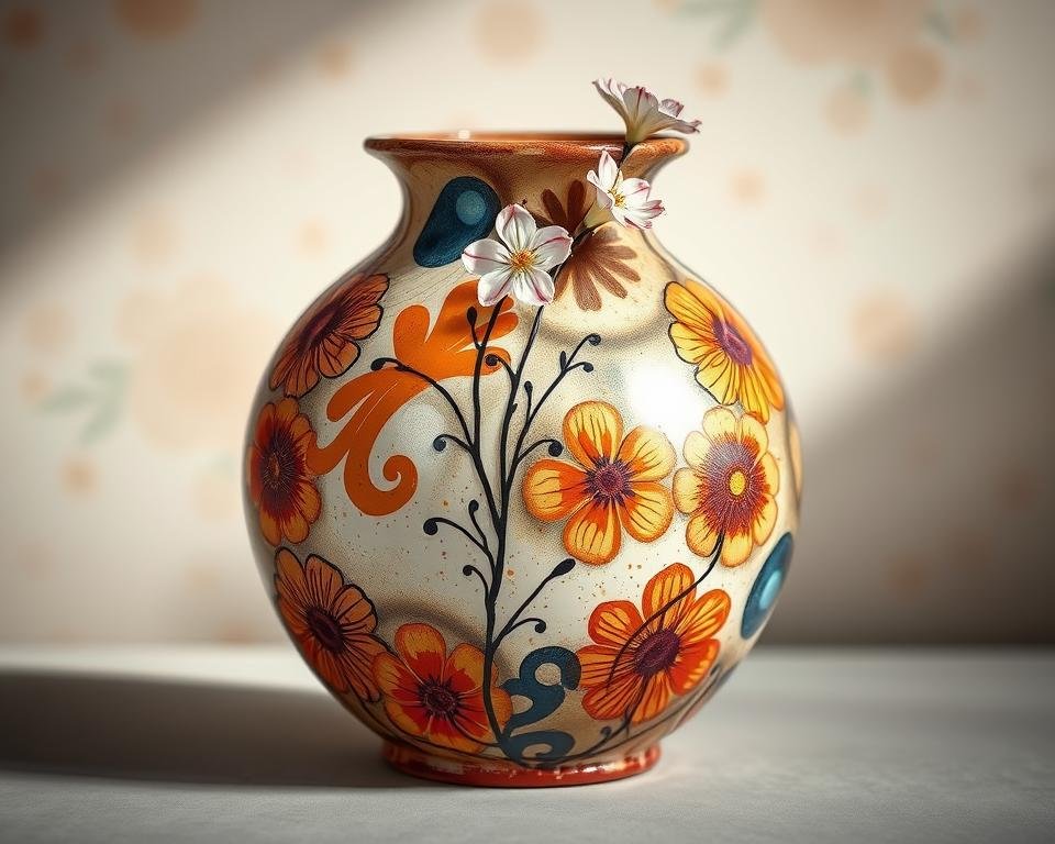 A beautifully crafted ceramic vase, its surface adorned with vibrant underglaze patterns. The foreground features intricate abstract designs, blending warm earthy tones and bold splashes of color. In the middle ground, delicate floral motifs unfurl, their petals delicately rendered. The background showcases a soft, hazy gradient, creating a sense of depth and ethereal atmosphere. Soft, directional lighting casts gentle shadows, highlighting the sculptural form and the tactile quality of the ceramic medium. The overall composition exudes a sense of creativity, artistic expression, and the joy of exploring the possibilities of underglaze application in ceramic art.