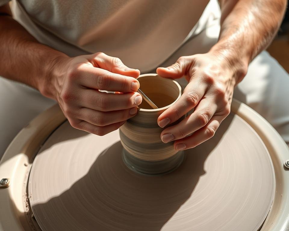 A ceramic artist's hands carefully trimming a pottery piece on a potter's wheel, with focused attention and precision. The work surface is clean and well-lit, casting soft shadows that accentuate the form. The wheel spins steadily, and the clay gently yields to the skilled movements of the trimming tool. The artist's posture is upright, with a calm, concentrated expression. The overall scene conveys the importance of proper trimming techniques in creating high-quality pottery, highlighting the delicate balance required to achieve the desired shape and finish.
