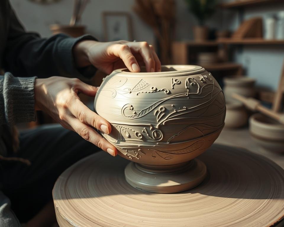 A ceramic artist's hands skillfully shaping a clay vessel on a pottery wheel, the surface textured with intricate patterns and designs. Soft, natural lighting illuminates the scene, casting gentle shadows that accentuate the sculptural forms. In the background, a simple, uncluttered studio space with earthy tones and minimal decor, allowing the focus to remain on the creative process. The overall atmosphere conveys a sense of mindful concentration and the tactile joy of working with clay.