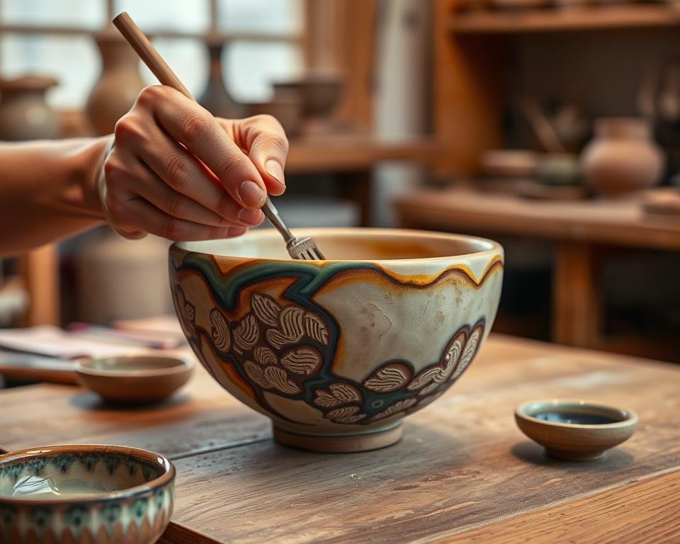 A ceramic artist's skilled hands carefully applying a vibrant glaze to the surface of a delicate Mishima-style pottery piece. The glaze flows smoothly, pooling in the intricate carved patterns, creating a mesmerizing interplay of light and shadow. A softly lit studio scene, the pottery piece positioned on a wooden table, surrounded by an array of ceramic tools and materials. The atmosphere is one of focused concentration and artistic expression, highlighting the importance of glaze application in the Mishima technique, where the glaze enhances the beauty and depth of the carved designs.