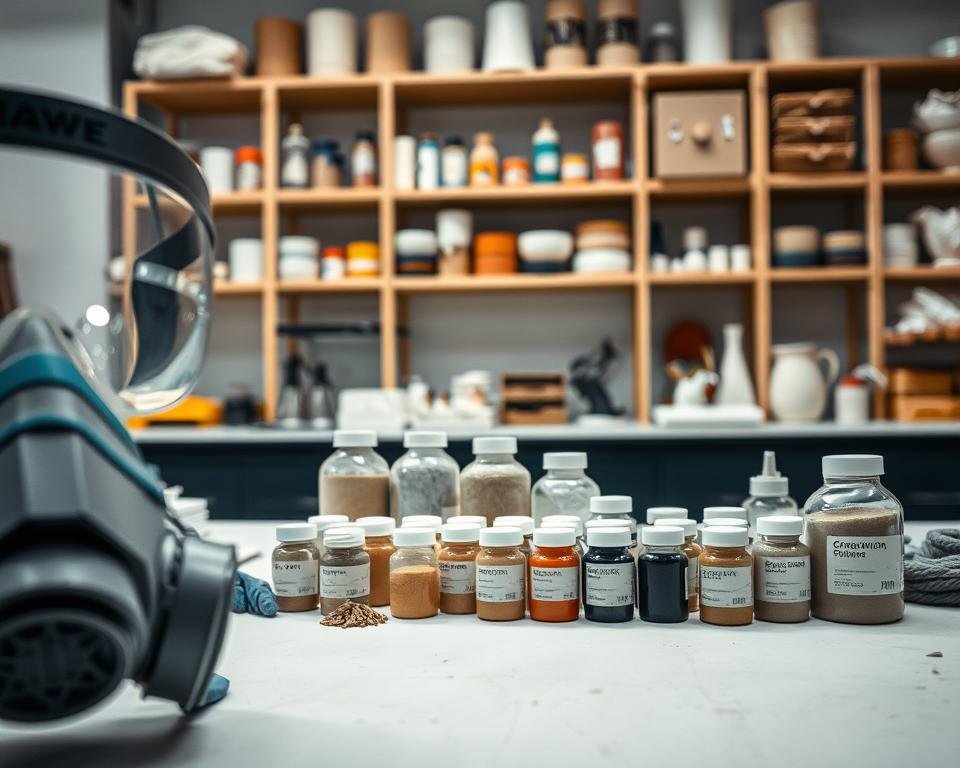 A ceramic laboratory workspace with safety equipment in the foreground, including goggles, gloves, and a respirator. In the middle ground, various ceramic oxide pigments in jars and containers are neatly arranged on a clean, well-lit workbench. The background features shelves filled with additional ceramic supplies and materials, creating a sense of a professional, organized studio environment. The lighting is soft and diffused, enhancing the colors and textures of the pigments and equipment. The overall mood conveys a sense of care, attention to detail, and a focus on safe handling of potentially hazardous materials.