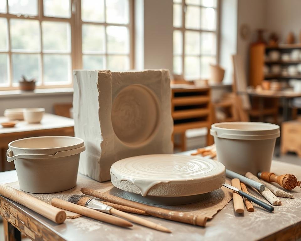 A ceramic slip casting setup with a plaster mold, a bucket of slip, and a variety of clay tools. The mold is positioned on a table in a well-lit studio space with soft, diffused lighting from large windows. The slip has a smooth, creamy consistency, and the tools, including brushes, ribs, and trimming knives, are neatly arranged nearby. The scene conveys a sense of precision, craftsmanship, and the artistic process of creating unique ceramic pieces through the slip casting technique.
