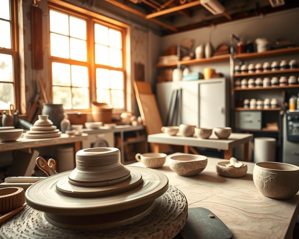 A ceramic studio, bathed in warm natural light streaming through large windows. In the foreground, a potter's wheel spins, a lump of clay taking shape under skilled hands. Surrounding the wheel, various clay shaping tools - ribs, loops, paddles - arranged in an orderly manner. In the middle ground, a table displays finished ceramic pieces, their surfaces textured with intricate patterns created through pinching, pressing, and scraping techniques. The background features shelves stocked with jars of glazes and a kiln, hinting at the next stages of the ceramic process. The overall atmosphere is one of focused creativity and artistic exploration, capturing the essence of "Combining Techniques for Unique Designs".