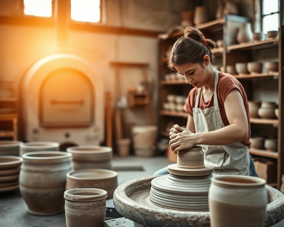 A ceramic workshop bathed in warm, natural light, showcasing a harmonious blend of traditional and sustainable production methods. In the foreground, a skilled artisan meticulously shapes a clay vessel using a potter's wheel, their hands guided by years of experience. Midground, a kiln emits a gentle glow, hinting at the careful firing process that transforms raw clay into durable, eco-friendly stoneware. In the background, shelves display an array of finished pieces, each piece a testament to the pottery's commitment to environmental responsibility and timeless craftsmanship. The overall scene exudes a sense of tranquility and balance, reflecting the ethos of sustainable ceramic production.