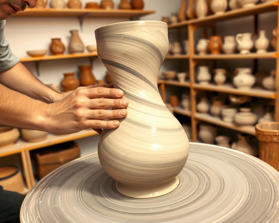 A ceramic workshop with a skilled potter expertly throwing a large, intricate vase on a rapidly spinning pottery wheel. The foreground shows the potter's hands delicately shaping the clay, their fingers gliding smoothly across the surface as they refine the form. The middle ground captures the wheel's hypnotic rotation, with ribbons of clay curling upwards to build the vessel's elegant silhouette. In the background, shelves display an array of finished pottery pieces, their glazed surfaces reflecting warm studio lighting. The overall scene conveys a sense of artistry, precision, and the mastery of advanced vase throwing techniques.
