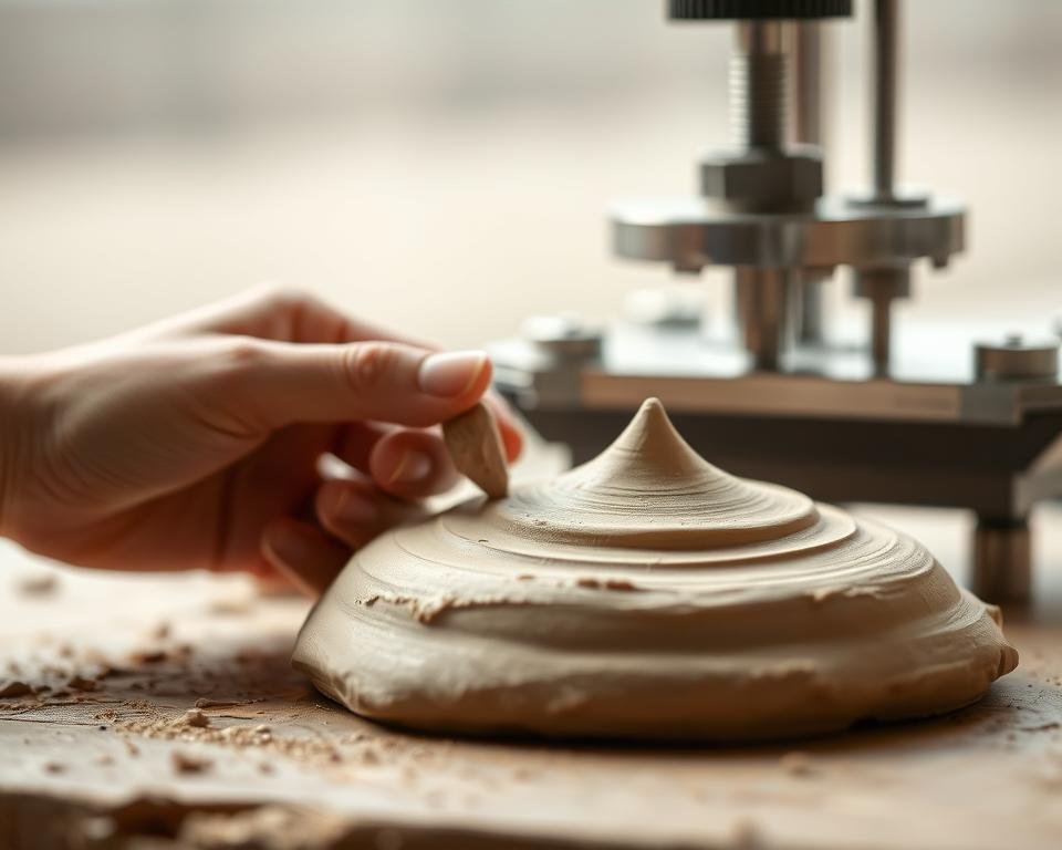 A clay sample undergoing a plasticity test, captured with a macro lens in natural lighting. In the foreground, the clay is manipulated, its pliability and malleability on display. The middle ground showcases the testing apparatus, its components precisely engineered to measure the clay's response. The background fades into a soft, atmospheric blur, allowing the subject to take center stage. The overall scene conveys the scientific yet tactile nature of understanding a clay body's plasticity, a critical factor in formulating the perfect ceramic material.