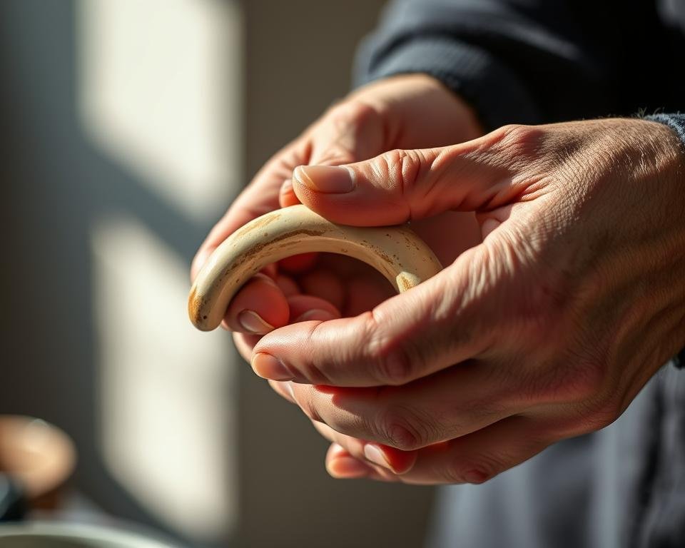 A close-up, macro photograph of a ceramic handle being meticulously cleaned and maintained. The handle is held in a pair of steady, experienced hands, revealing the intricate textures and subtle hues of the glazed ceramic. Soft, diffused lighting illuminates the subject, casting gentle shadows that accentuate the contours. The background is blurred, keeping the focus entirely on the delicate process of handle care. A serene, mindful atmosphere pervades the scene, conveying the importance of proper maintenance for preserving the beauty and functionality of this ceramic artwork.