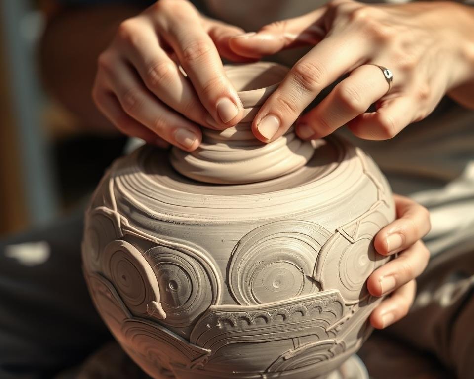 A close-up of a potter's hands expertly manipulating coils of clay to create intricate textures and patterns on a handcrafted ceramic vessel. The piece is illuminated by soft, natural lighting, casting gentle shadows that accentuate the sculptural forms. The background is blurred, keeping the focus on the delicate process of coil building and decorating the pottery. The composition highlights the skilled techniques and attention to detail required to transform simple clay into a visually stunning, one-of-a-kind work of art.