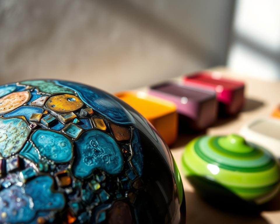 A close-up view of a ceramic glaze surface, showcasing the intricate chemistry that determines its vibrant hues. The foreground features a high-magnification perspective, revealing the crystalline structure and subtle color variations within the glaze. The middle ground presents a selection of glaze samples, each with a unique blend of metal oxides, displayed against a neutral background to emphasize their visual qualities. The background subtly suggests the controlled environment of a ceramic studio, with muted lighting that casts soft shadows, creating a sense of depth and atmosphere. The overall composition highlights the technical aspects of glaze chemistry, conveying a mood of scientific exploration and the pursuit of consistent, visually captivating results.