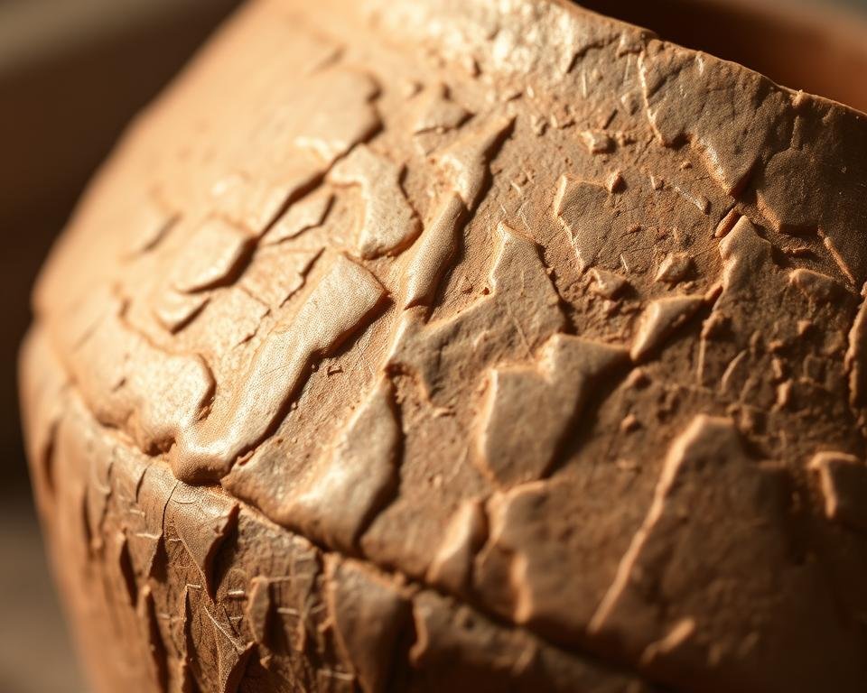 A close-up view of a handmade ceramic bowl, showcasing the intricate texture of the pottery surface. The irregular ridges and grooves created by the artist's skilled hands are illuminated by warm, directional lighting, casting gentle shadows that accentuate the depth and tactile quality of the material. The composition focuses on the textural details, capturing the rustic, artisanal nature of the handmrafted piece. The background is subtly blurred, allowing the viewer to concentrate on the captivating surface. The overall mood is one of an intimate, tactile exploration of the pottery, emphasizing the connection between form, function, and the maker's touch.