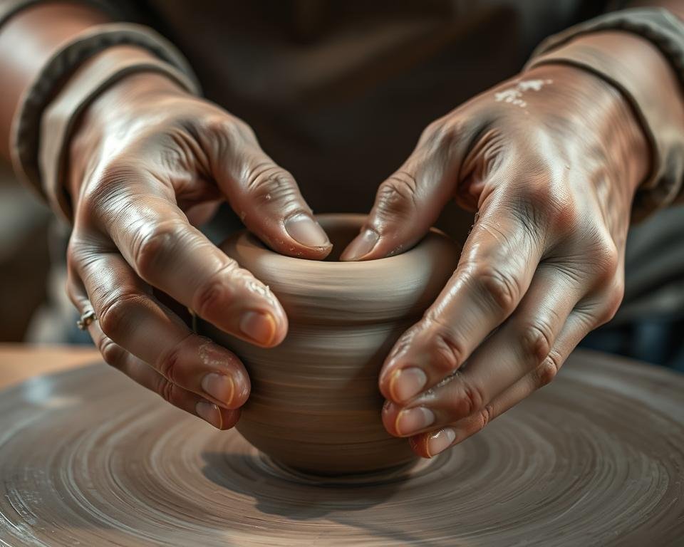 A close-up view of a potter's hands expertly shaping a piece of clay using the coil and pinch techniques. The hands are covered in a thin layer of clay, adding tactile texture to the scene. Soft, warm lighting illuminates the process, casting gentle shadows that accentuate the form-building. The background is blurred, keeping the focus on the intricate handwork. The overall atmosphere conveys a sense of mindful creation, where the maker's skill and the material's plasticity converge.