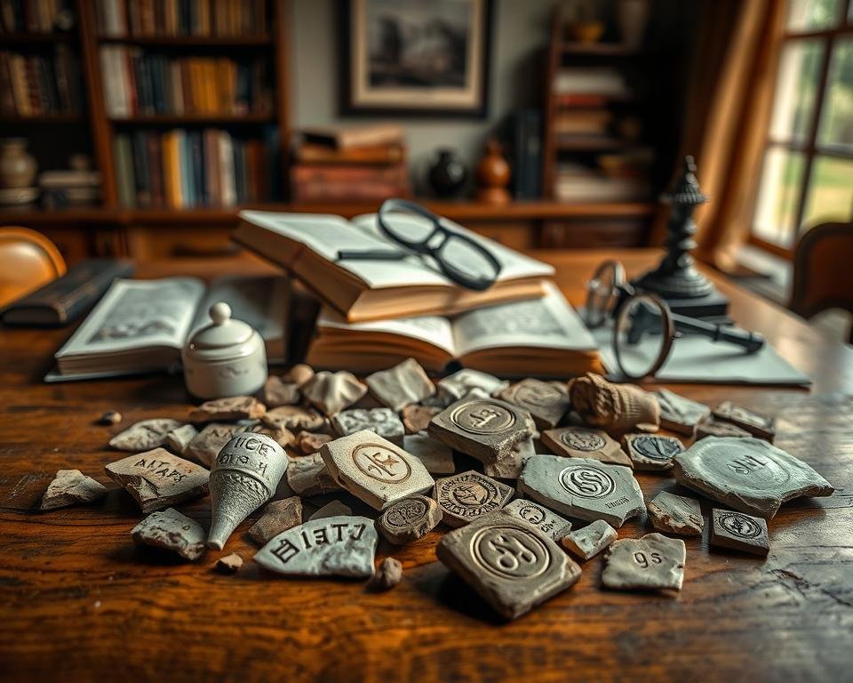 A comprehensive ceramic markings guide displayed on a well-lit wooden table, with a natural vignette effect. The foreground features an arrangement of ceramic fragments, shards, and samples showcasing a variety of stamped, engraved, and embossed decorative patterns. The middle ground includes reference books, magnifying glasses, and other tools used for ceramic mark identification. The background depicts a softly blurred, but warm and inviting interior setting, evoking a sense of scholarly research and discovery. Lighting is soft and diffused, creating a subtle chiaroscuro effect that highlights the textures and details of the ceramic pieces. The overall mood is one of academic curiosity and reverence for the history and craftsmanship of antique pottery.