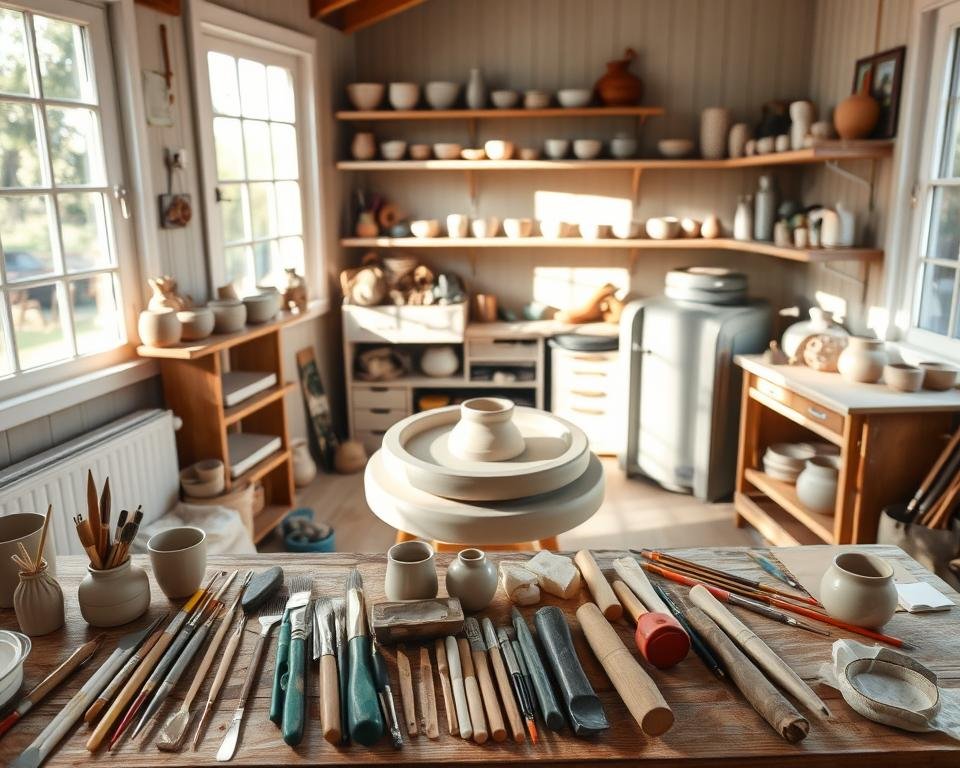 A cozy and well-equipped home ceramics studio, with a potter's wheel positioned in the center of the frame. Natural light streams in through large windows, casting a warm glow over the space. In the foreground, an assortment of pottery tools, including brushes, ribs, and trimming tools, are neatly organized on a wooden workbench. The middle ground features shelves lined with finished ceramic pieces, each unique in shape and glaze. In the background, a small kiln sits in the corner, ready to fire the artworks. The overall atmosphere is one of tranquility and focus, perfect for establishing a personalized pottery routine.