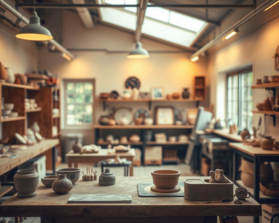 A cozy pottery studio bathed in warm, ergonomic lighting. In the foreground, a sturdy workbench features a potter's wheel and an array of sculpting tools. The middle ground showcases handcrafted ceramics in various stages of completion, arranged artfully. In the background, soft, diffused overhead lights create a soothing ambiance, complemented by natural light streaming through large windows. The lighting is designed to minimize eye strain and fatigue, enabling the potter to work comfortably for extended periods. A sense of creativity and focus permeates the space, inviting the viewer to imagine themselves immersed in the pottery-making process.