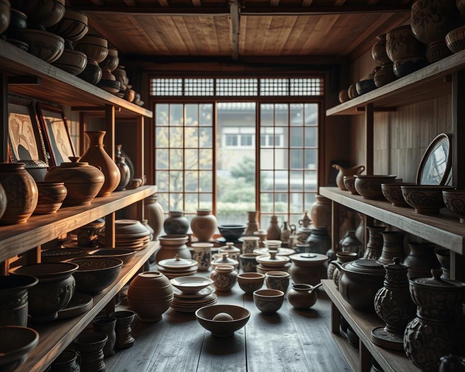 A cozy storage space filled with carefully arranged Raku ceramic pieces. The foreground showcases several delicately glazed bowls, vases, and platters resting on wooden shelves, their unique textures and organic shapes casting mesmerizing shadows. The middle ground features a collection of intricate Raku tea sets, their intricate patterns and earthy tones accentuated by soft, warm lighting. In the background, a tranquil view of a Japanese-style garden can be seen through a large window, adding to the serene and contemplative atmosphere. The overall scene conveys a sense of reverence and appreciation for the artistry and craftsmanship of Raku ceramics.