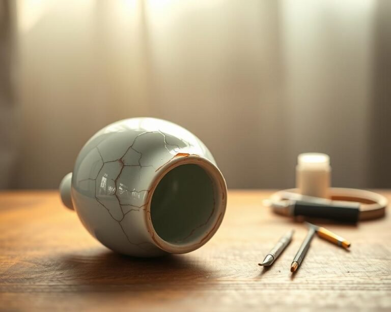 A delicate porcelain vase, its surface cracked and weathered, rests on a wooden table. Soft, warm lighting from a nearby window casts a gentle glow, highlighting the intricate patterns and glaze. The foreground showcases the damaged ceramic in intricate detail, inviting the viewer to examine the subtle textures and imperfections. In the middle ground, a set of professional restoration tools - tweezers, adhesives, and small brushes - hint at the careful work required to revive the damaged piece. The background blurs into a soft, neutral tone, keeping the focus on the fragile porcelain and the art of its restoration.