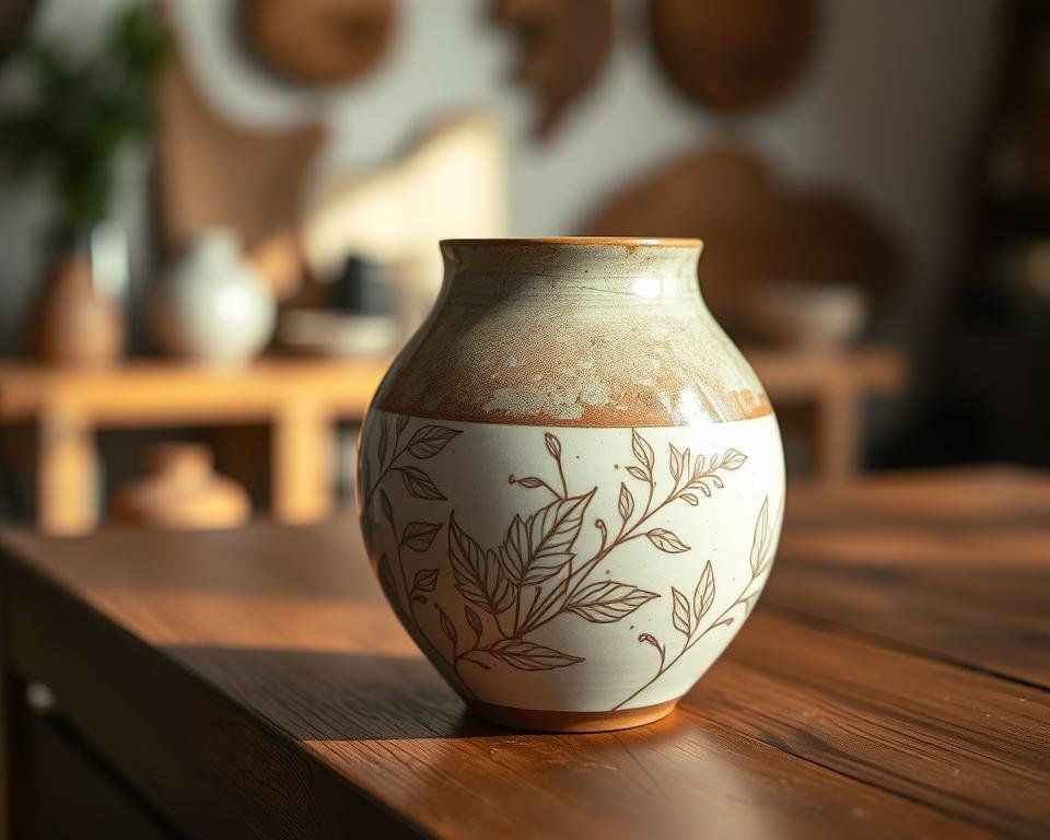 A delicate sgraffito ceramic vase rests on a wooden table, its surface intricately etched with intricate botanical patterns. Soft, natural lighting illuminates the piece, highlighting the interplay of glazed and unglazed areas. The vase is positioned in the foreground, with a blurred, warm-toned background suggesting a cozy, intimate studio setting. The composition emphasizes the tactile, handcrafted quality of the artwork, inviting the viewer to appreciate the care and skill required to create such a refined, yet functional, piece of ceramic art.