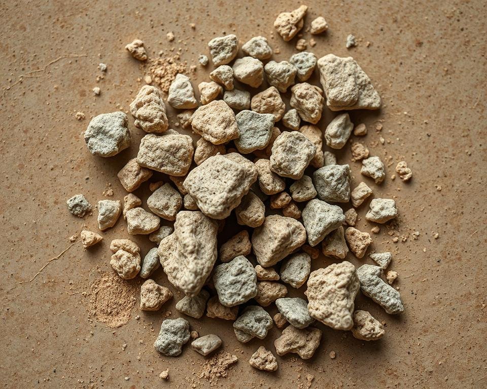 A detailed close-up of grog particles suspended within a translucent, earthy clay body. The grog pieces are irregularly shaped, with varying hues of grays and browns, contrasting against the smoother, mottled clay background. Soft, diffused lighting illuminates the textures, highlighting the porous, uneven surfaces of the grog inclusions. The composition is framed tightly, filling the frame with the tactile, material qualities of the clay and grog mixture. A sense of tension and potential issues is evoked through the close inspection of these two essential ceramic components.