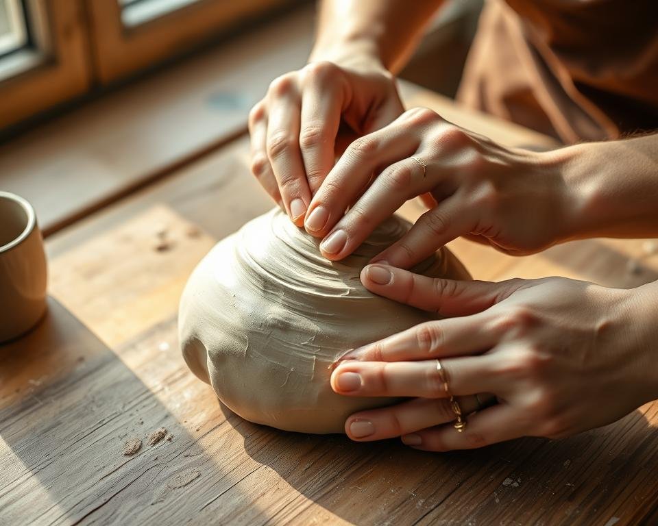 A detailed closeup of an artist's hands carefully shaping and molding a lump of soft, pliable clay on a wooden work surface. The clay is being meticulously kneaded, pinched, and smoothed with delicate motions, revealing the tactile, hands-on process of crafting a unique ceramic form. Warm, diffused natural lighting from a nearby window casts soft shadows, highlighting the textural details of the clay's surface and the skilled movements of the creator's fingertips. The scene conveys a sense of focus, artistry, and the personal connection between the maker and the material.