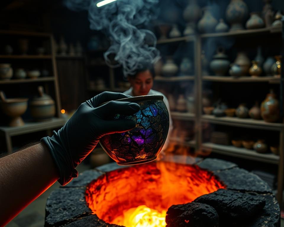 A dimly lit ceramic studio, the air thick with the scent of charcoal and smoke. In the foreground, a raku-fired ceramic piece emerges from a glowing pit, its surface ablaze with a spectrum of iridescent hues. Gloved hands carefully lift the piece, revealing the captivating interplay of textures and colors. In the middle ground, a potter meticulously monitors the firing process, their face illuminated by the flickering flames. In the background, shelves display an array of unique raku pieces, each one a testament to the beauty that can be achieved through this ancient Japanese technique. The scene is infused with a sense of reverence and wonder, inviting the viewer to appreciate the care and craftsmanship that goes into creating these stunning ceramic works.