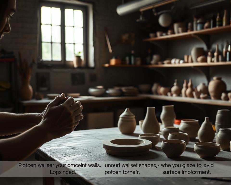 A dimly lit pottery studio, with natural light filtering in through a large window. In the foreground, a potter's hands carefully shaping a lump of clay, demonstrating the pinching technique. Nearby, a table showcases various ceramic pieces in various stages of completion, highlighting common mistakes to avoid - uneven walls, lopsided shapes, and surface imperfections. The background features shelves filled with pottery tools, glaze bottles, and partially finished works. The overall mood is one of focus and concentration, capturing the essence of the ceramic handbuilding process.