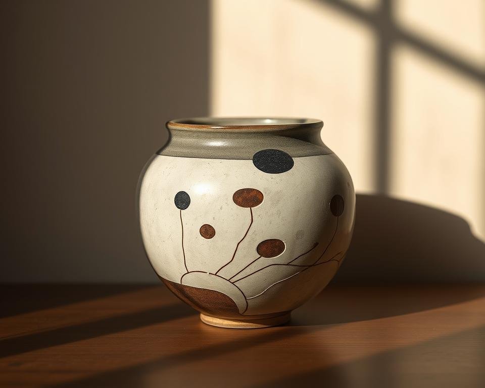 A finely crafted ceramic vessel showcases the intricate Mishima technique, with delicate inlays of contrasting clay against a smooth, matte background. The piece is illuminated by warm, natural lighting, casting subtle shadows that accentuate the dimensional textures. The camera captures the work at a slightly elevated angle, allowing the viewer to appreciate the artful composition and the skilled craftsmanship. The overall mood is one of refined elegance and understated beauty, inviting the observer to appreciate the nuances of this traditional ceramic method.