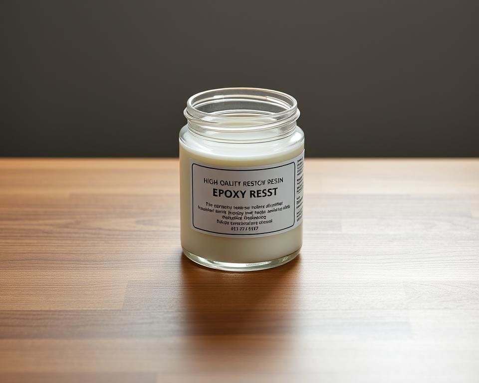 A high-quality epoxy resin for ceramic repair, in a clear glass jar with a label. The jar is placed on a clean, reflective wooden surface, with a smooth, matte background. The lighting is soft and even, creating subtle shadows and highlights that accentuate the texture and viscosity of the epoxy. The composition is centered, with the jar taking up a significant portion of the frame, allowing the viewer to appreciate the details of the product. The overall mood is one of professionalism, precision, and attention to detail, reflecting the importance of using the right materials for ceramic restoration.