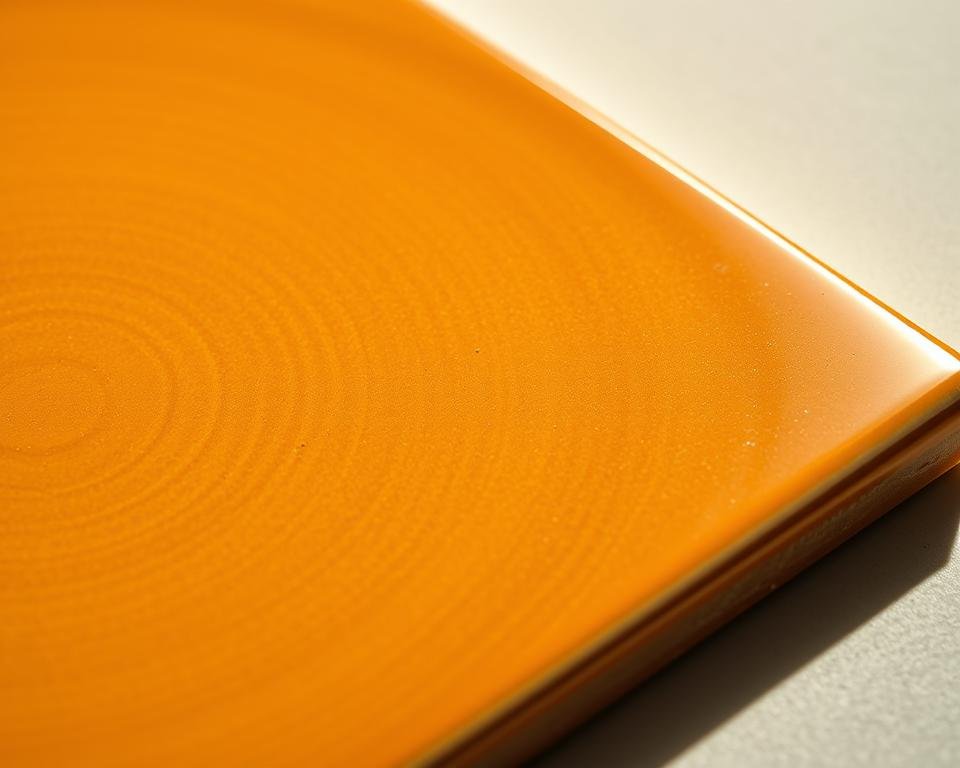A high-resolution close-up view of a freshly fired ceramic tile coated in a durable glaze. The surface exhibits a smooth, glossy finish with a warm, amber-like hue. Faint concentric rings indicate the application of the glaze, suggesting a careful layering process. The tile's edges are sharply defined, conveying the sturdy, long-lasting nature of the material. Dramatic side lighting casts subtle shadows, highlighting the texture and depth of the glaze. The background is a neutral, minimalist backdrop, allowing the tile's intricate details to take center stage. An overall sense of quality, craftsmanship, and resilience is evoked through this meticulously captured image.