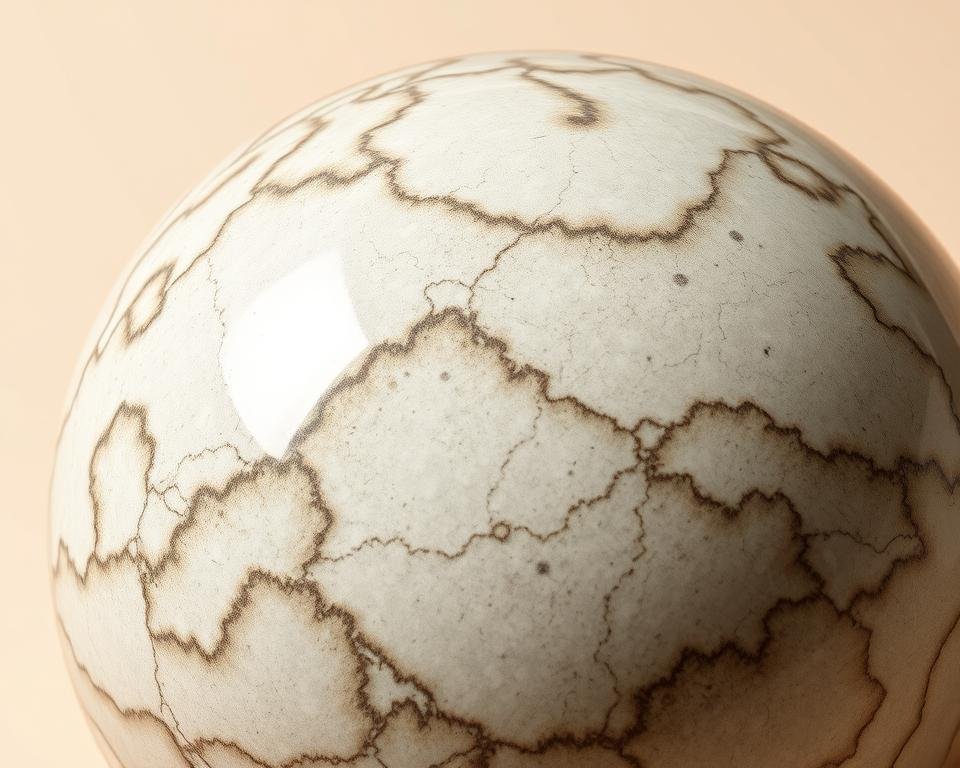 A high-resolution, detailed image of a ceramic surface with a glossy, long-lasting glaze. The surface is smooth and reflective, with intricate patterns and textures reminiscent of natural formations. The lighting is soft and directional, creating subtle shadows that accentuate the dimensional qualities of the glaze. The background is a neutral, complementary color that allows the ceramic to be the focal point. The overall impression is one of durability, precision, and a high-quality, artisanal finish.