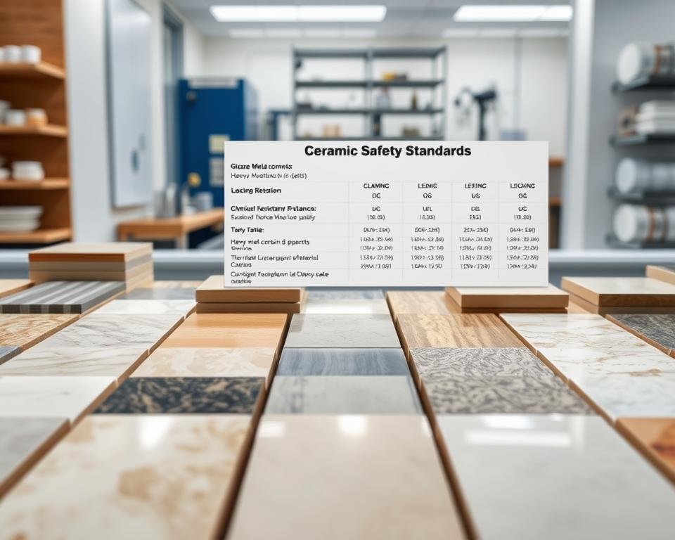 A high-resolution, photorealistic image of ceramic safety standards. In the foreground, an array of ceramic tiles or plates, each showcasing a different glaze formula and material composition. Varying textures, colors, and finishes are visible, highlighting the diversity of ceramic products. In the middle ground, a technical diagram or schematic outlines the key safety parameters and testing procedures for these ceramics, such as heavy metal content, leaching rates, and chemical resistance. The background features a clean, well-lit laboratory setting with scientific equipment, conveying a sense of rigorous quality control and standards adherence. The overall scene exudes a tone of professionalism, attention to detail, and a commitment to ensuring the safety and quality of ceramic products.