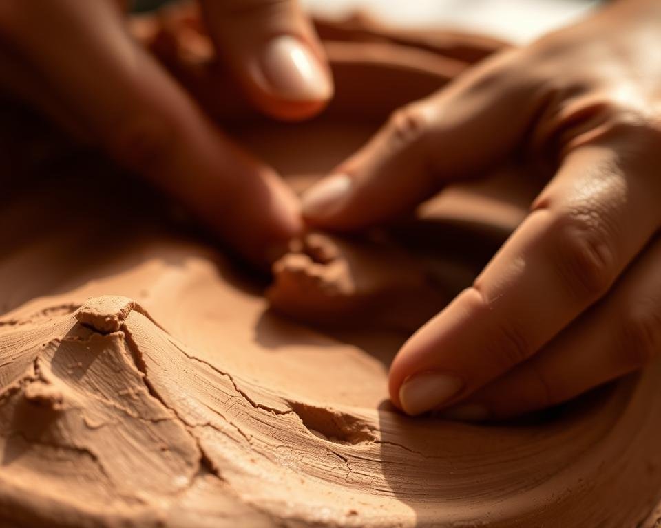 A highly detailed, realistic close-up shot of clay, showcasing its intricate texture and plasticity. The foreground features the smooth, malleable surface of the clay, with subtle cracks and imperfections that add depth and character. The middle ground highlights the clay's pliable nature, as it appears to be gently molded and shaped by unseen hands. The background is blurred, allowing the focus to remain on the captivating qualities of the clay material. Warm, natural lighting casts soft shadows, emphasizing the clay's rich, earthy tones and highlighting its potential for creative expression. Captured with a high-resolution lens, this image aims to inspire and inform viewers about the essential properties of clay that enhance its plasticity.