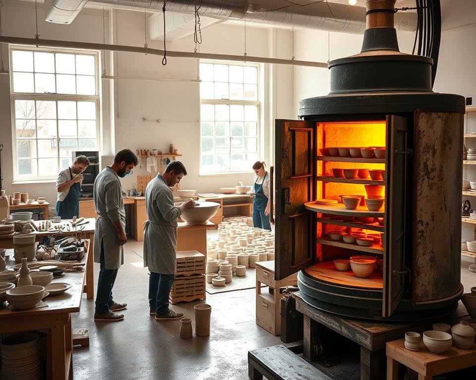 A large, well-equipped ceramic studio, with bright natural lighting filtering through large windows. In the foreground, a kiln stands open, revealing the intense glow of the fired ceramic pieces inside. A potter in a smock carefully arranges the pottery on the kiln shelves, while assistants monitor the temperature and progress of the firing process. In the middle ground, workbenches are cluttered with tools, glazes, and partially finished ceramic forms. In the background, shelves hold a variety of finished, glazed pieces, ready for the final stage of the ceramic journey.