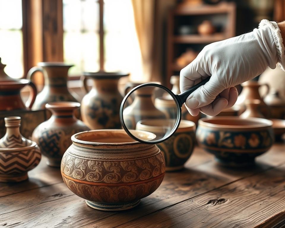 A meticulously crafted antique pottery set, prominently displayed on a rustic wooden table, bathed in warm, natural lighting. The pottery pieces, ranging from vases to bowls, showcase intricate patterns and textures, hinting at their age and craftsmanship. In the foreground, a magnifying glass and a pair of white-gloved hands gently inspecting the pottery, evaluating its condition and appraising its potential value. The background is softly blurred, drawing the viewer's attention to the detailed examination of the vintage treasures.