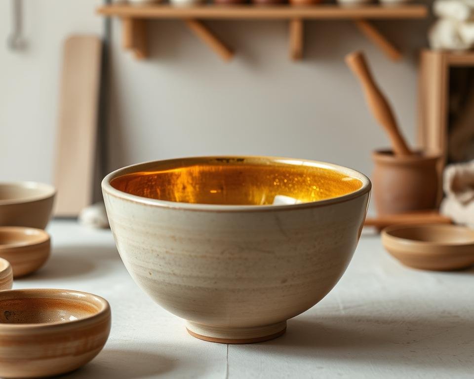 A meticulously crafted ceramic bowl, its interior glazed with a warm, golden hue, stands in the center of the frame. The bowl's surface reflects the soft, diffused lighting that illuminates the scene, casting gentle shadows that accentuate the intricate textures of the glaze. In the background, a neutral-toned workspace, complete with ceramic tools and materials, creates a sense of artisanal craftsmanship. The composition conveys a thoughtful, artful approach to the use of lead in ceramic glazes, highlighting the technical expertise and care required to ensure safe and responsible practices.