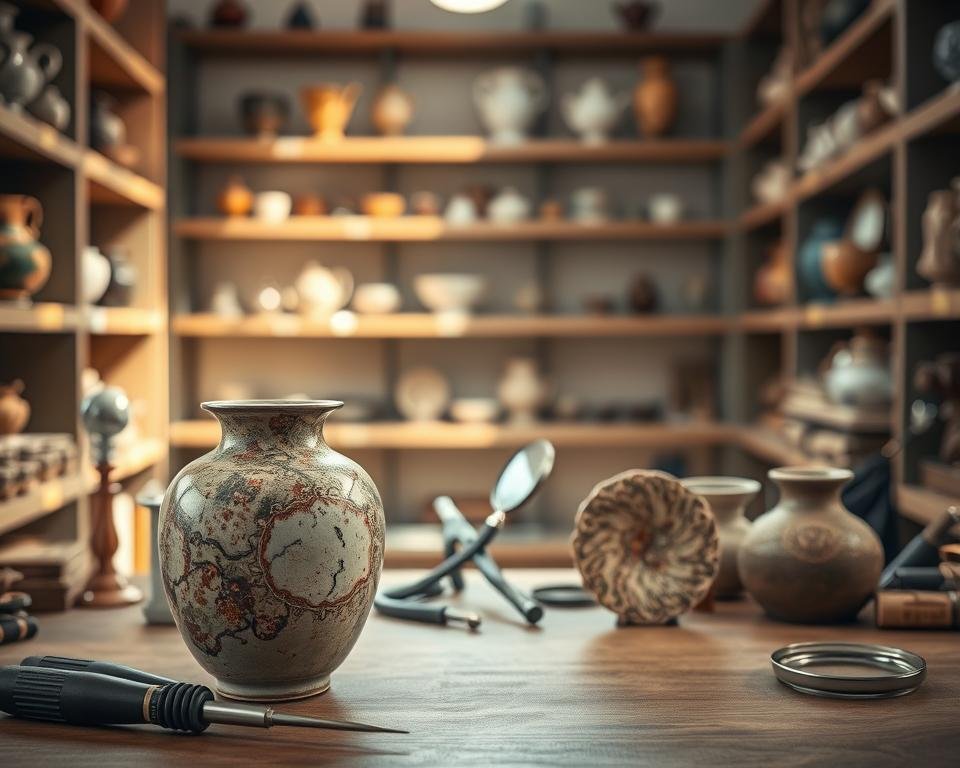 A meticulously crafted ceramic vase, its surface adorned with intricate patterns and glazes, sits prominently in the foreground. Soft, natural lighting from above casts gentle shadows, highlighting the textural details and the vessel's form. In the middle ground, various tools and magnifying glasses are arranged, conveying the sense of a methodical, investigative process. The background features shelves lined with other antique ceramic pieces, suggesting a scholarly, curator-like environment. The overall scene exudes an atmosphere of careful examination and authentication, inviting the viewer to closely inspect the ceramic's provenance and origins.
