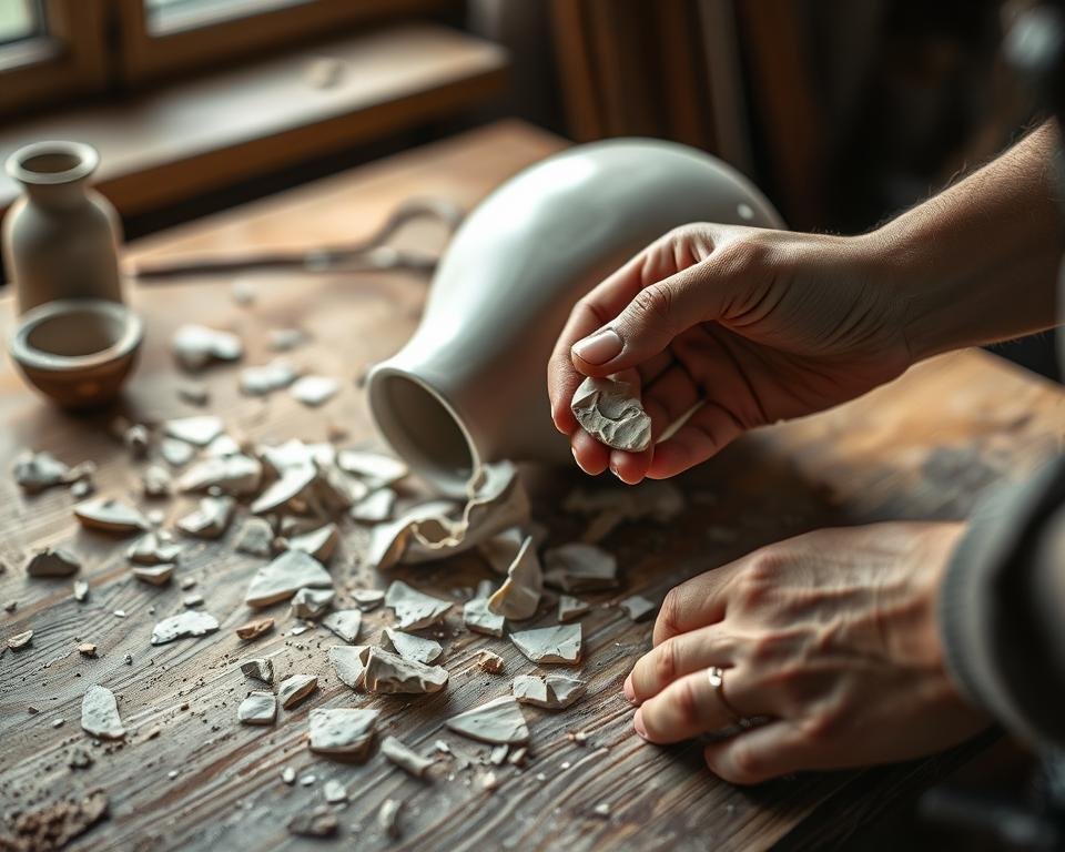 A meticulously crafted ceramic vase lies shattered on a wooden workbench, its delicate shards scattered in a pattern that evokes the fragility of the material. Soft, diffused lighting from a nearby window illuminates the scene, casting gentle shadows and highlighting the intricate textures of the ceramic pieces. In the foreground, a skilled artisan's hands carefully hold a small, intricately shaped shard, examining it with a discerning eye, ready to embark on the painstaking process of restoration. The background is blurred, drawing the viewer's focus to the intricate work at hand, the concentration and care evident in every movement.