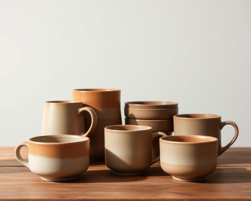 A minimalist still life of several durable, dishwasher-safe ceramic mugs and bowls, arranged on a wooden tabletop against a plain, neutral-colored backdrop. The pieces have a matte, satin-like glaze finish in earthy, muted tones, conveying a sense of quality and practicality. Soft, diffused natural lighting from the side creates gentle shadows, highlighting the simple, functional forms and textures of the pottery. The overall mood is calm, uncluttered, and emphasizes the resilience and easy maintenance of these everyday dishware items.