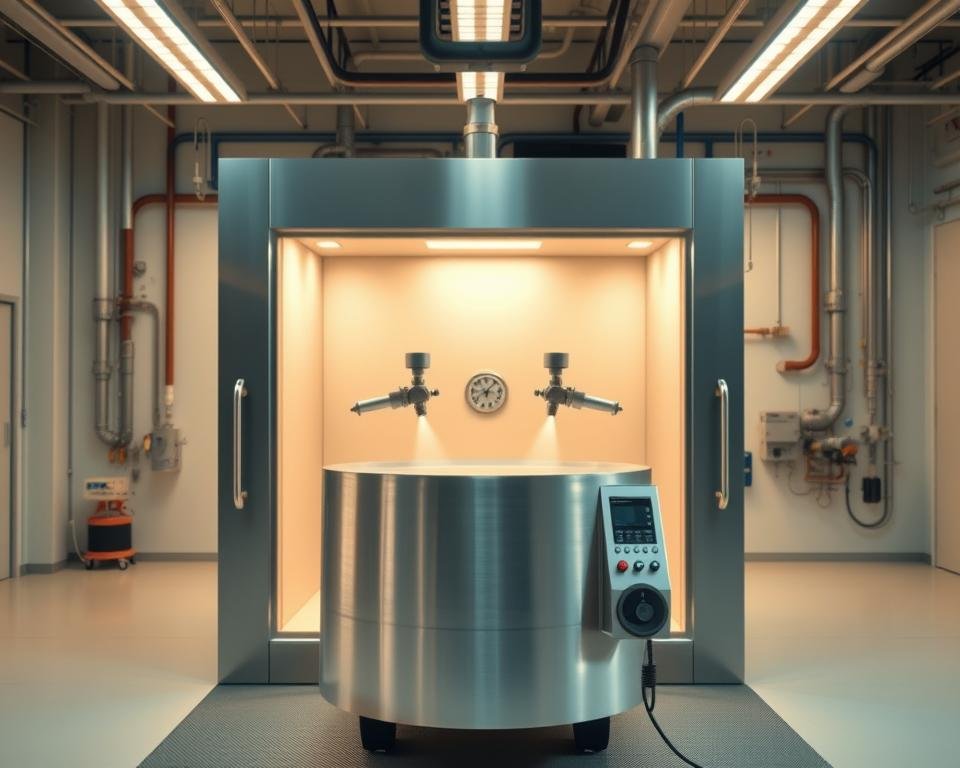 A modern, state-of-the-art ceramic spray booth set against a clean, well-lit industrial backdrop. In the foreground, the sleek, metallic body of the booth stands out, its intuitive controls and ergonomic design suggesting advanced functionality. The middle ground reveals the spray nozzles meticulously positioned, ready to deliver a precise, even coating of glaze. In the background, a network of pipes, valves, and support structures convey the booth's integrated, high-tech nature. Warm, diffused lighting from above casts a soft glow, highlighting the booth's seamless integration of form and function, creating an atmosphere of innovation and efficiency.