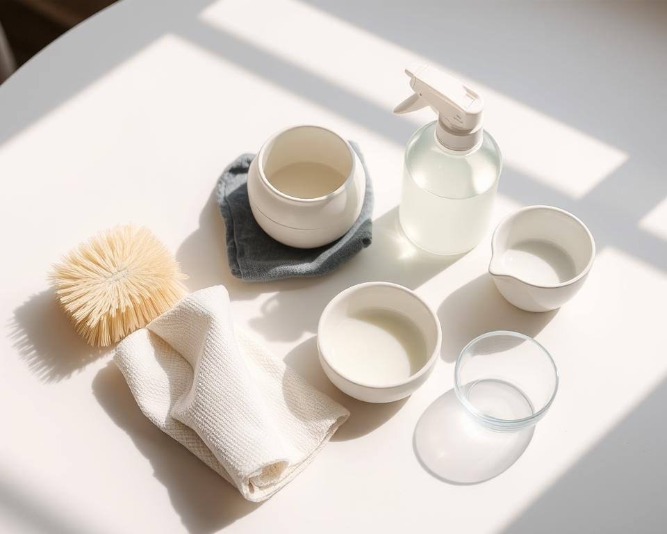 A neatly arranged table with various ceramic cleaning tools and products, including a soft-bristle brush, a microfiber cloth, a ceramic cleaner spray, and a small bowl of warm water. The items are illuminated by soft, natural lighting, casting gentle shadows and highlighting the textural details of the ceramics. The scene conveys a sense of order and care, inviting the viewer to imagine the process of gently cleaning and maintaining the cherished ceramic pieces.