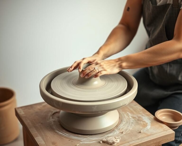 A pottery wheel sits on a well-lit workbench, its sleek ceramic surface gleaming under soft, even lighting. The wheel's ergonomic design features a gently sloped base, providing optimal support and comfort for the artist's hands and arms as they guide the clay. The artist's elbows rest comfortably on the workbench, their posture upright and relaxed. Surrounding the pottery wheel, a clean, minimalist workspace with neutral tones and natural textures creates a serene, focused environment for creative exploration.