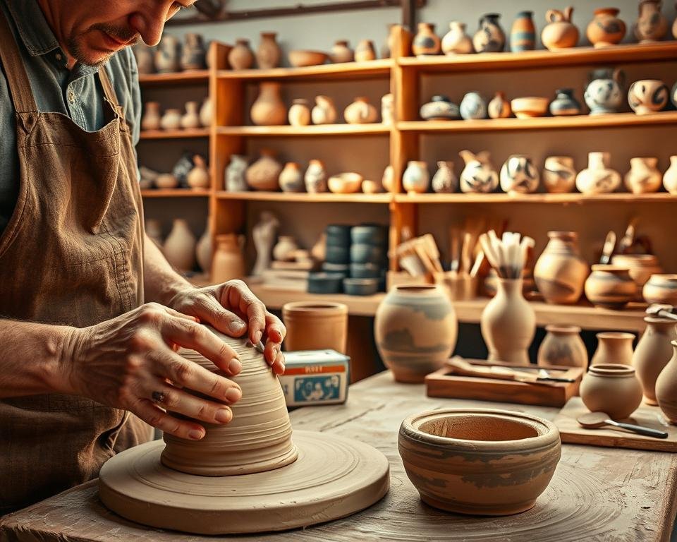 A pottery workshop with a skilled artisan demonstrating various pottery-making techniques. The scene is bathed in warm, natural lighting, capturing the tactile and improvisational nature of the craft. In the foreground, the artisan's hands carefully shape and manipulate the malleable clay, leaving intricate patterns and textures on the emerging pottery form. In the middle ground, an array of tools, brushes, and glazes are neatly organized, hinting at the rich palette of decorative possibilities. The background features shelves lined with finished ceramic pieces, showcasing the diverse range of patterns, shapes, and surface treatments that can be achieved through the mastery of pottery techniques.
