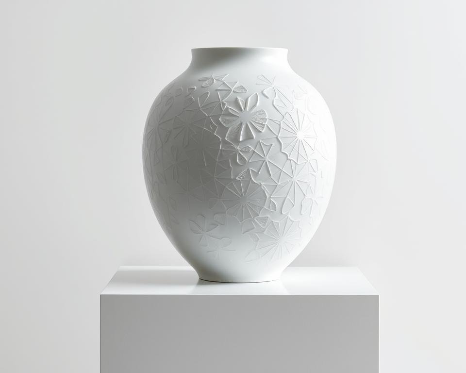 A pristine porcelain vase, its surface gleaming under soft, diffused lighting. Intricate patterns and textures adorn the form, showcasing the artistry and technical prowess of modern porcelain manufacturing. In the background, a sleek, minimalist display plinth elevates the vase, highlighting its sculptural qualities. Subtle reflections on the polished base create a sense of depth and dimensionality. The overall composition conveys a harmonious balance between the material's inherent fragility and the innovative techniques used to shape and manipulate it, illustrating the evolving nature of porcelain technology.