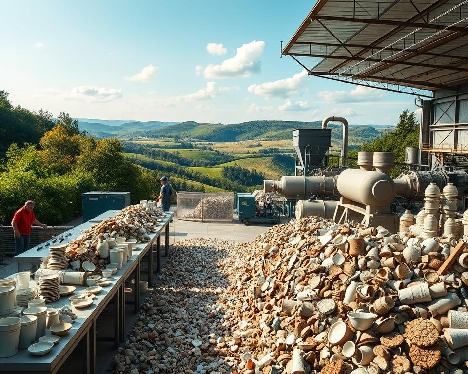 A serene ceramic recycling facility set against a backdrop of lush greenery. In the foreground, workers carefully sort and process discarded ceramic items on sleek, modern workstations. The middle ground showcases automated machinery efficiently crushing and processing the ceramics into raw materials. In the distance, a tranquil landscape of rolling hills and a clear blue sky, conveying a sense of environmental harmony. Soft, diffused natural lighting casts a warm, earthy glow over the scene, highlighting the textures and colors of the ceramics. The overall mood is one of efficiency, sustainability, and a reverence for the natural world.