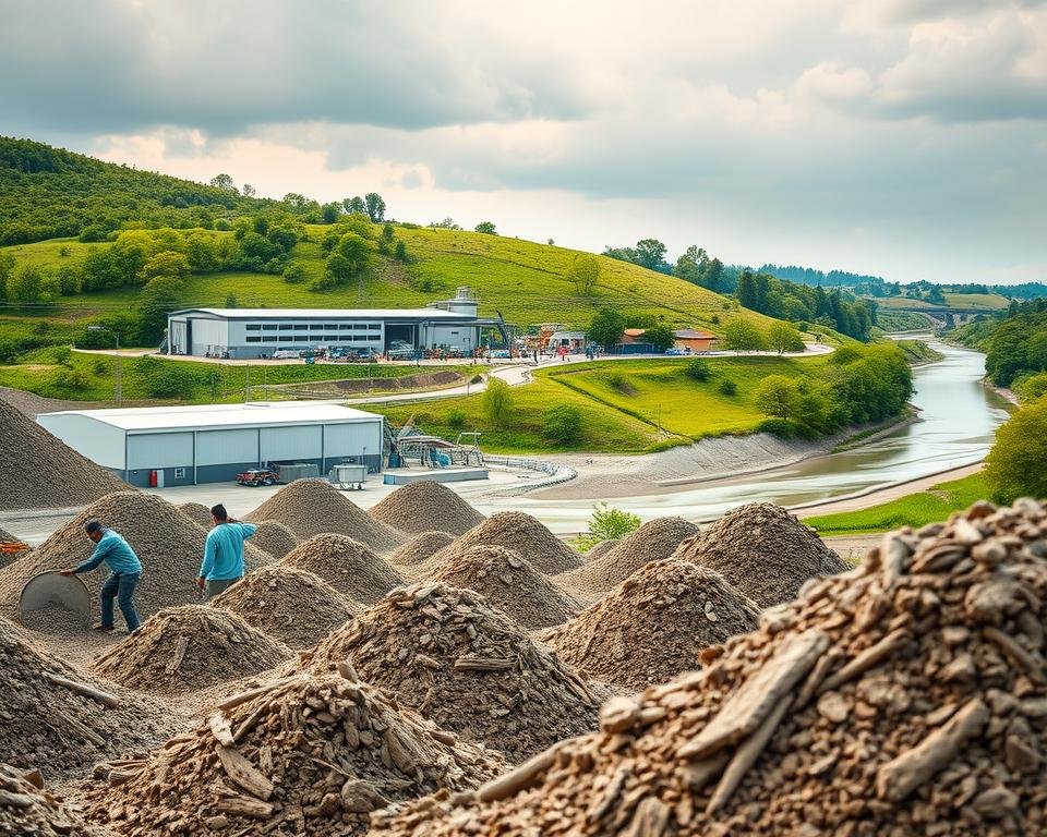 A serene landscape showcasing the sustainable management of environmental clay. In the foreground, a team of workers carefully sifts through piles of clay, separating contaminants and preparing the material for recycling. The middle ground features a state-of-the-art clay processing facility, its sleek architecture and efficient machinery embodying the principles of environmental stewardship. In the background, a verdant hillside dotted with lush trees and a winding river, symbolizing the harmonious integration of clay recycling with the natural ecosystem. Soft, warm lighting illuminates the scene, conveying a sense of balance and environmental responsibility.