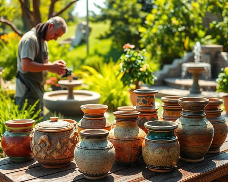 A serene outdoor scene of a well-maintained pottery display. In the foreground, a skilled artisan carefully inspects and cleans a collection of weathered ceramic pots, wiping away any dirt or debris with a soft cloth. The middle ground showcases the pottery pieces neatly arranged on a wooden table, their vibrant glazes and intricate designs reflecting the warm sunlight. In the background, a lush garden with verdant foliage and a gently flowing water feature provides a picturesque natural setting, creating a tranquil atmosphere. The overall composition conveys the importance of proper outdoor pottery maintenance, with a focus on preserving the beauty and longevity of these artistic creations.