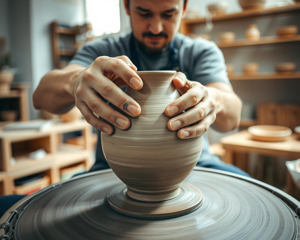 A skilled potter's hands expertly guides a lump of clay on a spinning pottery wheel, shaping it into the graceful form of a vase. Beams of soft, indirect lighting illuminate the scene, casting gentle shadows that accentuate the curves and contours of the emerging vessel. The potter's face is focused, their movements fluid and precise, as they carefully control the speed and pressure to coax the clay into the desired profile. In the background, a tranquil studio setting with shelves of finished work provides a serene backdrop, allowing the viewer to fully immerse themselves in the mesmerizing process of throwing a vase.