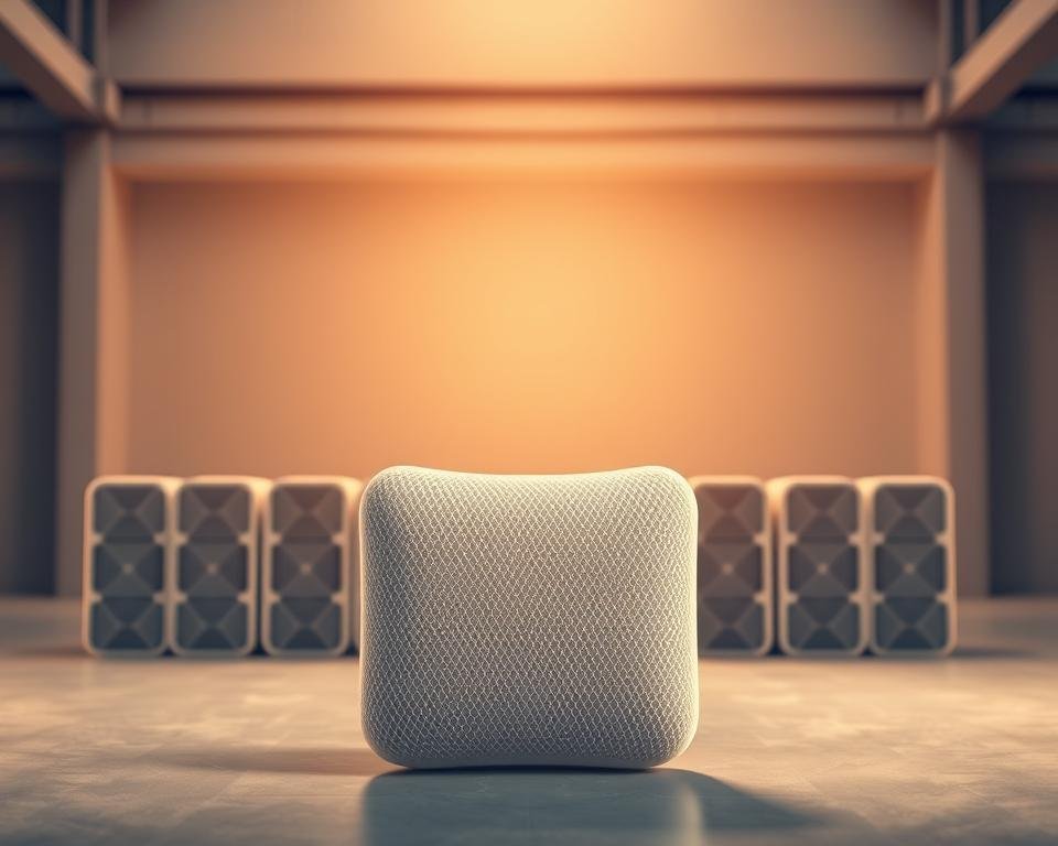 A sleek, modern ceramic air filter stands in the foreground, its intricate surface texture and distinctive shape capturing the eye. The filter is bathed in warm, diffused lighting, casting subtle shadows that accentuate its sculptural qualities. In the middle ground, a series of identical filters are arranged in a grid-like pattern, suggesting their modular and scalable nature. The background features a minimalist, industrial setting, with clean lines and muted tones that complement the ceramic filters' refined aesthetic. The overall composition conveys a sense of sophisticated design, efficiency, and the promise of cleaner, healthier air.