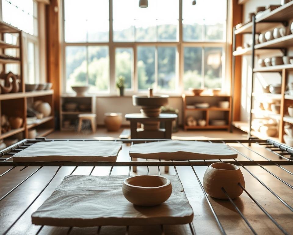 A spacious ceramics studio bathed in warm, natural light. In the foreground, several slabs of freshly molded clay lay flat on a drying rack, their surfaces gently textured. Mist rises from the pieces, indicating the gradual evaporation of excess moisture. In the middle ground, a potter's wheel stands ready, while shelves along the walls display half-finished works awaiting their turn in the kiln. The background reveals large windows overlooking a lush, verdant landscape, creating a serene and contemplative atmosphere. Capture the tranquil progression of the slab building drying process, showcasing the care and patience required in this traditional ceramic art form.