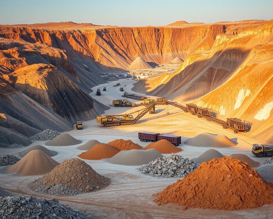 A sprawling quarry landscape, with towering cliffs of raw, unrefined ceramic materials. In the foreground, piles of crushed and extracted clay, ochre, and mineral ores lie scattered across the rocky terrain. The midground showcases the extraction machinery, with cranes and excavators delicately extracting the valuable raw materials. In the distance, a network of transport vehicles winds through the quarry, carrying the precious cargo to processing facilities. The scene is bathed in warm, golden sunlight, casting dramatic shadows and highlighting the rugged, textural nature of the materials. A sense of industrious determination and resourcefulness permeates the entire composition.