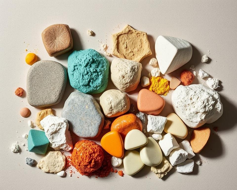 A still life arrangement of various ceramic frits in a variety of shapes, textures, and colors. The frits are displayed on a neutral, minimalist background, allowing their unique properties to shine. The lighting is soft and diffused, casting gentle shadows that accentuate the dimensional qualities of the materials. The composition is well-balanced, with the frits arranged in an aesthetically pleasing manner, hinting at the diverse range of possibilities they offer for ceramic glazing techniques. The overall mood is one of sophistication and exploration, inviting the viewer to delve deeper into the world of frits and their role in elevating ceramic creations.